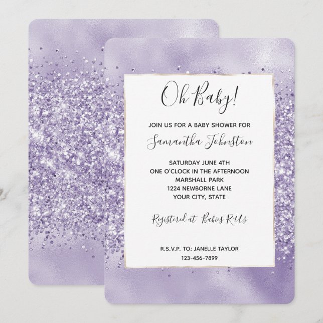 Convite Chuva de Glitter Roxo Baby Shower (Frente/Verso)