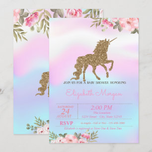 Convite Chuva de Glitter Unicórnio Floral Holográfico para