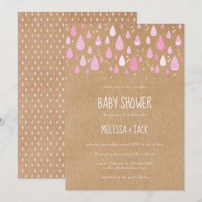 Convite Chuva de Gotas Rosa Rústico Chá de Bebê Menina (Frente/Verso)