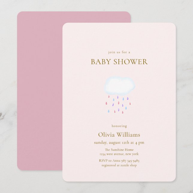 Convite Chuva de Gotículas Rosa Doce Chuveiro de Bebê Mode (Frente/Verso)