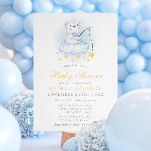 Convite Chuva de Ideias de Bebê Menino Aquarela Urso Pesca