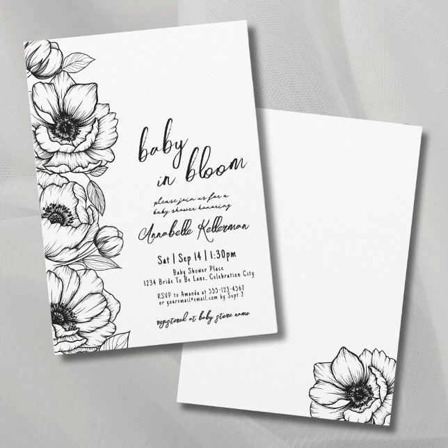 Convite Chuva de Ideias Desenhada à Mão para Chás de Bebê (Floral Hand Drawn Whimsical Baby Shower Invitation)