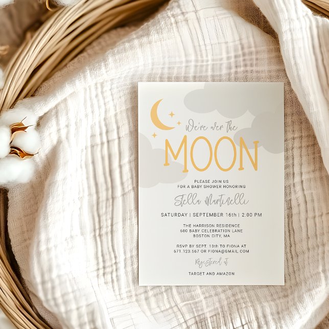 Convite Chuva de Ideias Festa de Bebê Moderno Com Detalhes (Modern Over The Moon With Details Baby Shower Invitation)