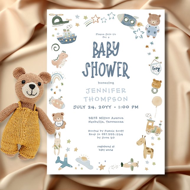 Convite Chuva de Ideias Menino Aguarela Garatujas Chá de B (Whimsical Oh Boy Watercolor Doodle Baby Shower Invitation)