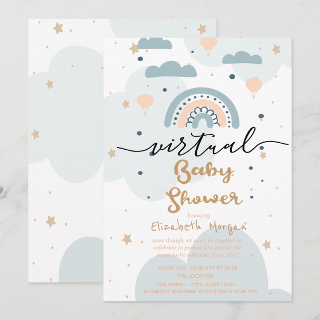 Convite Chuva de Ideias, Nuvens Estrelas Chuveiro de Bebê  (Frente/Verso)