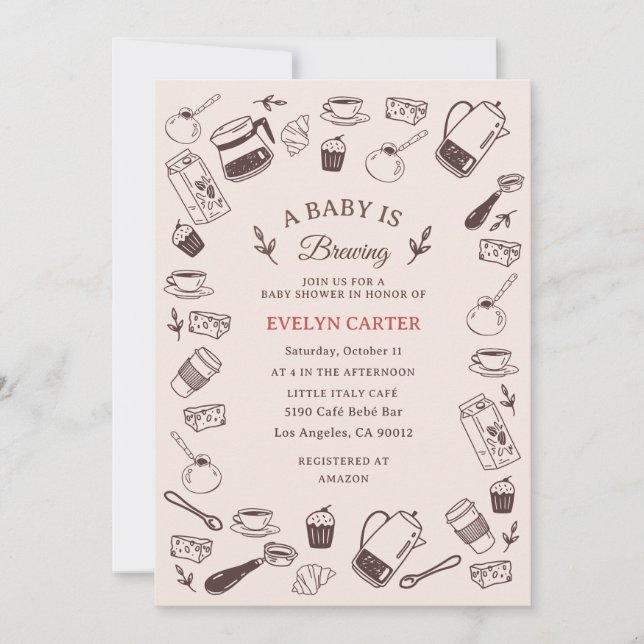 Convite Chuva de Ideias para Chá de Bebê Café com Desenhos (Frente)