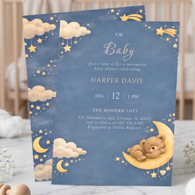 Convite Chuva de Ideias para Chá de Bebê com o Céu Noturno (Whimsical Sleeping Bear Night Sky Baby Shower Invitation)