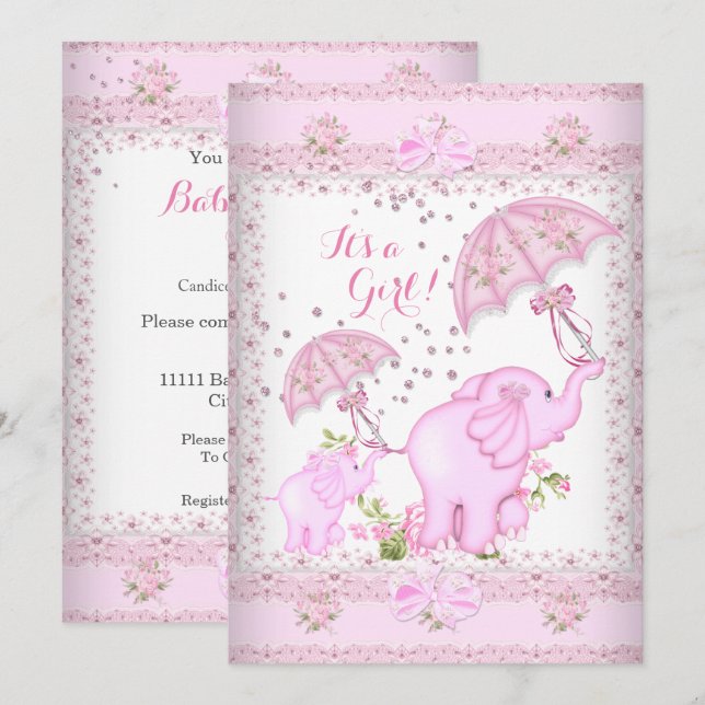 Convite Chuva de Ideias para Chá de Bebê Menina Elefante G (Frente/Verso)