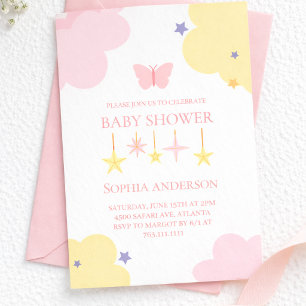 Convite Chuva de Ideias Rosa Amarelo Nuvens Bebê Shower