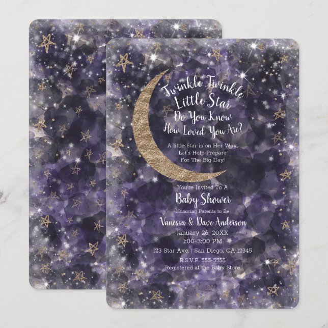Convite Chuva de Ideias Roxo Dourado Lua Estrelas Baby Sho (Frente/Verso)