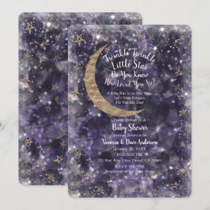 Convite Chuva de Ideias Roxo Dourado Lua Estrelas Baby Sho