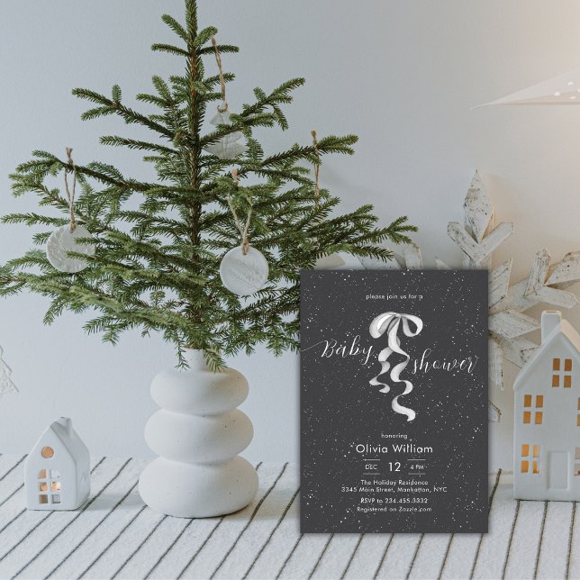 Convite Chuva de Inverno de Arco de Prata Cinza Escuro Bab (Silver Bow Winter Snow Dark Grey Baby Shower Invitation)