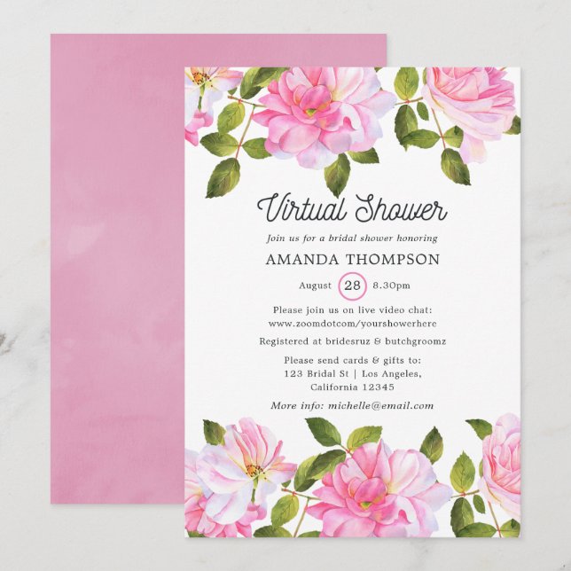 Convite Chuva de Jardim de Rosas Rosa Virtual (Frente/Verso)