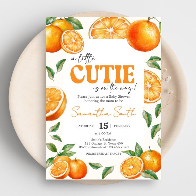Convite Chuva de Laranja para o Pequeno Bebezinho (Little Cutie Baby Shower Invitation)