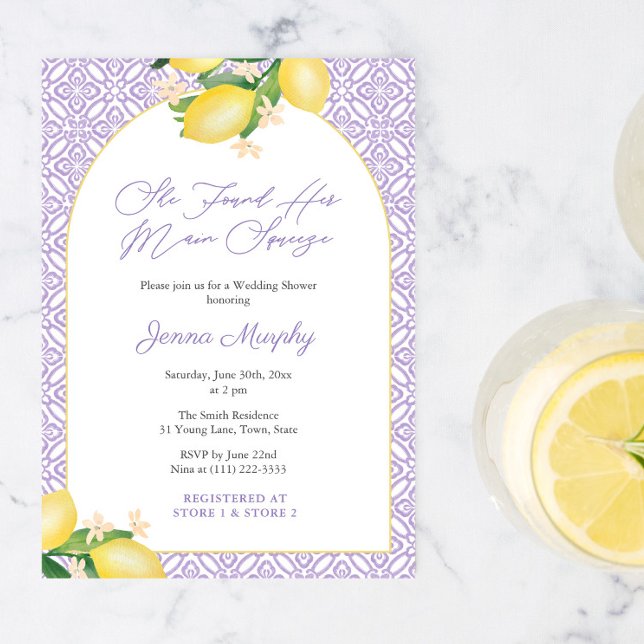 Convite Chuva de Lembranças Lilás Festa de Chá de Noiva do (Lemons Lavender Modern arch she found her main squeeze bridal shower invitation with QR code)