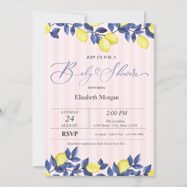 Convite Chuva de Lemons Rosa Listras Baby Shower  (Frente)