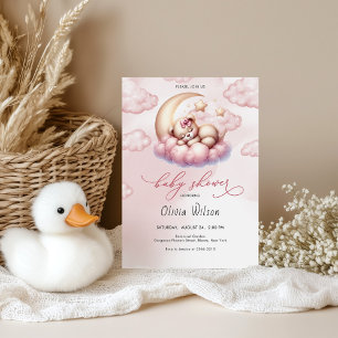 Convite Chuva de Luar Rosa e Ursinho de Pelúcia Baby Showe