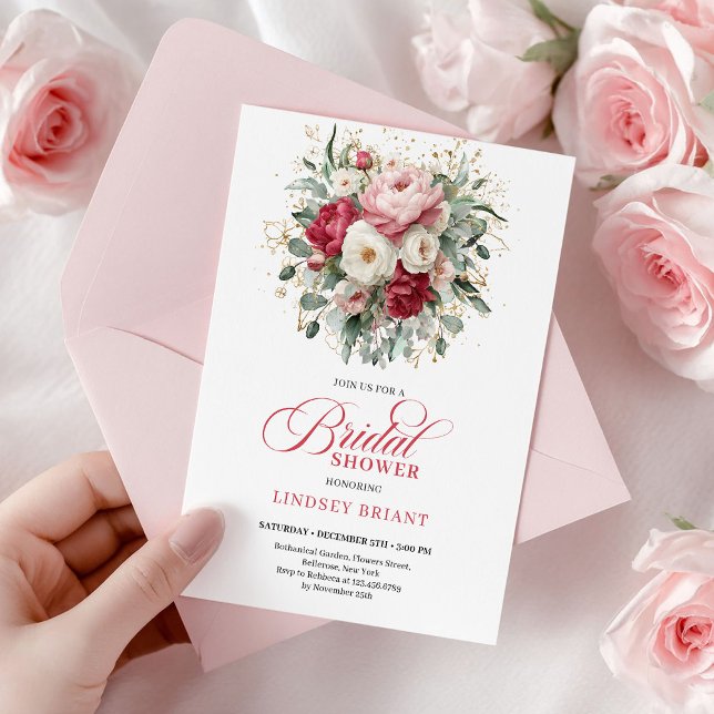 Convite Chuva de Luxo Boêmio Vermelho Carmesim Branco (Classic Boho Burgundy Blush Gold Bridal Shower)