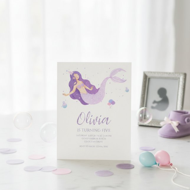 Convite Chuva de Mermaid Roxa Sob o Mar Baby Shower (Criador carregado)