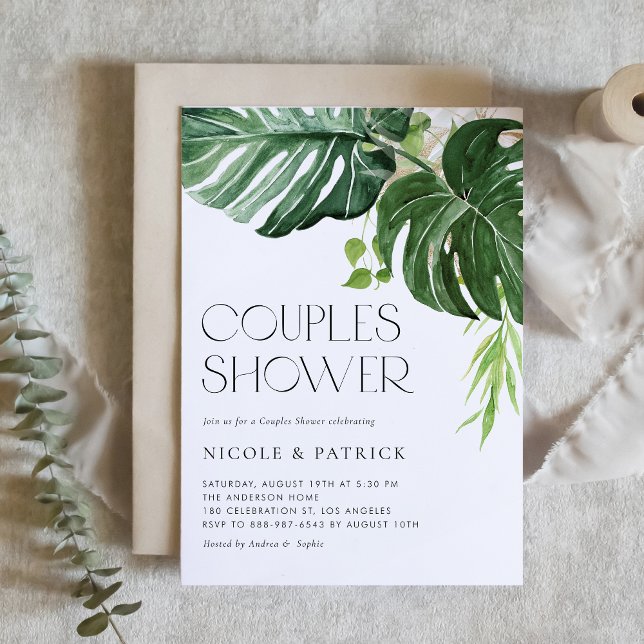 Convite Chuva de Monstera Tropical Casais Banho (A tropical-theme couples shower invitation featuring watercolor monstera leaves and greenery. )