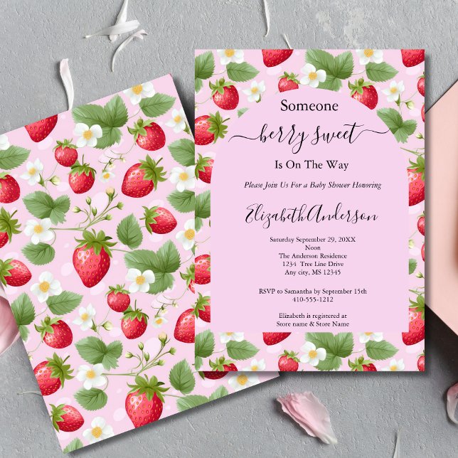 Convite Chuva de Morango Doce Rosa Vermelho Branco Baby Sh (Strawberry Pink Berry Sweet Baby Girl Baby Shower invitation. Printed or Digital Download)