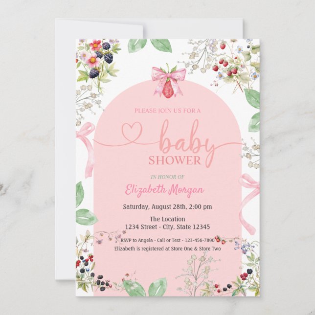 Convite Chuva de Morango em Aquarela para Baby Shower (Frente)