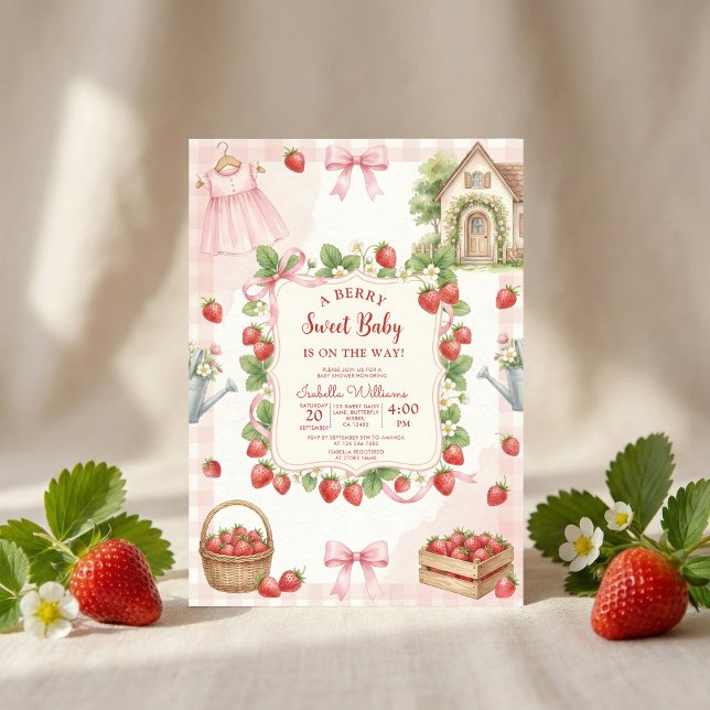 Convite Chuva de morango para baby shower Primeira Baga Do (Criador carregado)