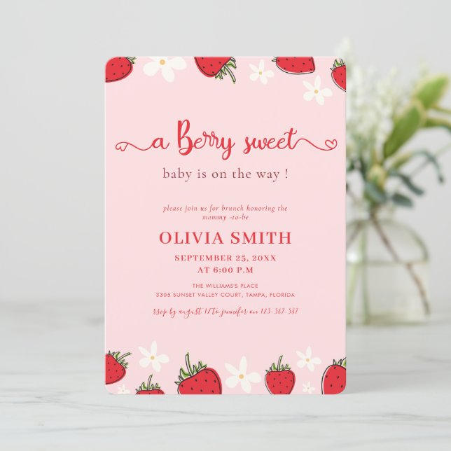 Convite Chuva de Morango Rosa Doce Floral Baby Shower (Em pé/Frente)