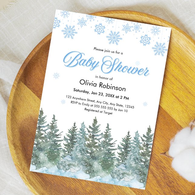 Convite Chuva de Neve Árvores de Pinheiro Banho de Bebê de (Snowflakes Pine Trees Winter Baby Shower Invitation )