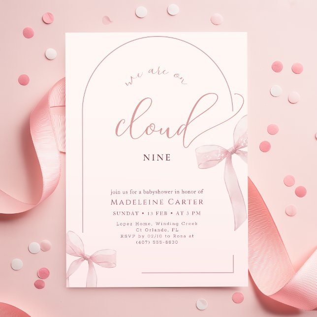 Convite Chuva de Neve com Laço Rosa em Aquarela para Chá d (Criador carregado)