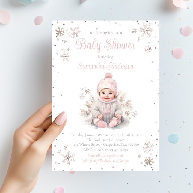 Convite Chuva de Neve de Inverno para Bebê Menina (Baby girl snowflake winter baby shower invitation. Simply add your event details.)
