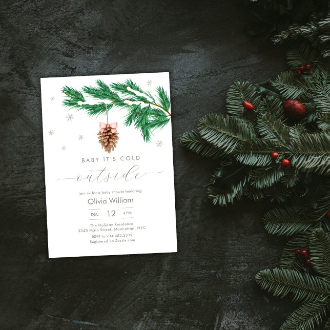 Convite Chuva de neve de inverno rústica Chuveiro de bebê  (Rustic Winter Snowflake Pine cone Baby Shower Invitation)