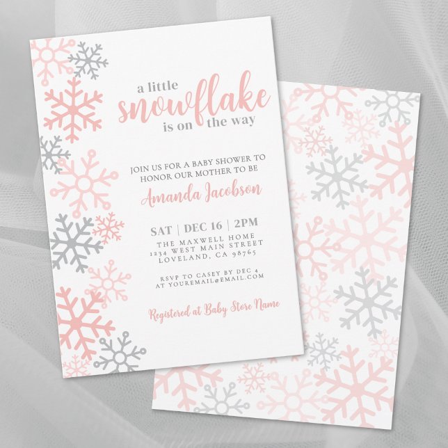 Convite Chuva de Neve Festa de Bebê Menina Inverno (Snowflake Winter Girl Baby Shower Invitation)