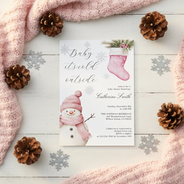 Convite Chuva de Neve Rosa “Bebê Está Frio Lá Fora” Chamad (Criador carregado)