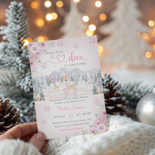 Convite Chuva de Neve Rosa de Veado de Inverno Baby Shower
