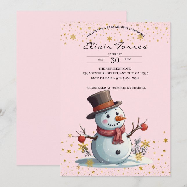 Convite Chuva de Neve Rosa e Dourada Chuveirinho de Bebê (Frente/Verso)