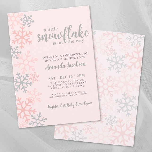 Convite Chuva de Neve Rosa Festa de Bebê de Inverno (Snowflake Pink Winter Baby Shower Invitation)