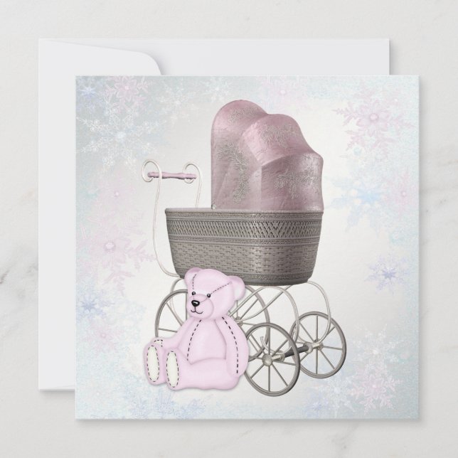 Convite Chuva de Neve Rosa Festa de Bebê Tema Inverno Mági (Frente)