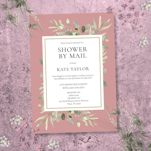 Convite Chuva de Noiva à Distância pela Caixa Postal Folha (Bridal Shower By Mail Long Distance Greenery Pink Invitation)