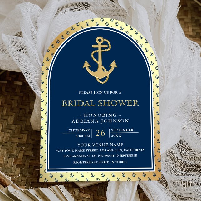 Convite Chuva de Noiva Âncora Arco Azul Naval Dourado (Criador carregado)