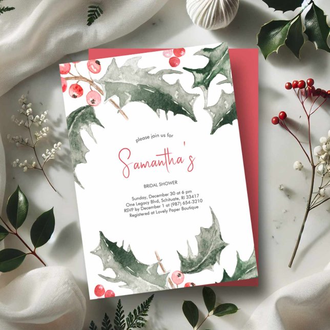 Convite Chuva de Noiva Aquarela de Natal com Azevinho (Winter bridal shower invitations. Watercolor holly and berries in shades of red and green.)