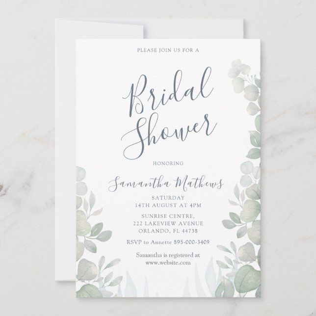 Convite Chuva de Noiva Aquarela Eucalipto Casamento (Frente)