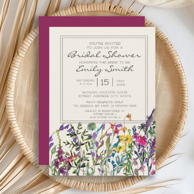 Convite Chuva de Noiva Aquarela Flores Silvestres Creme Ro (Watercolor wildflowers bridal shower invitation)