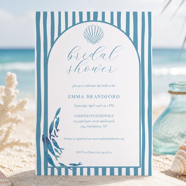 Convite Chuva de Noiva Arco Costeiro Azul Branco (Coastal Arch Blue White Bridal Shower Invitation)