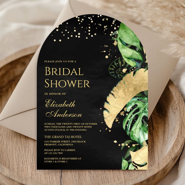 Convite Chuva de Noiva Arco de Palma Dourado Tropical (Criador carregado)