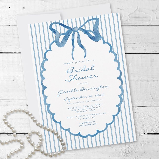 Convite Chuva de Noiva Azul Caprichosa com Listra de Arco  (Whimsical Blue Watercolor Bow Stripe Bridal Shower Invitation)