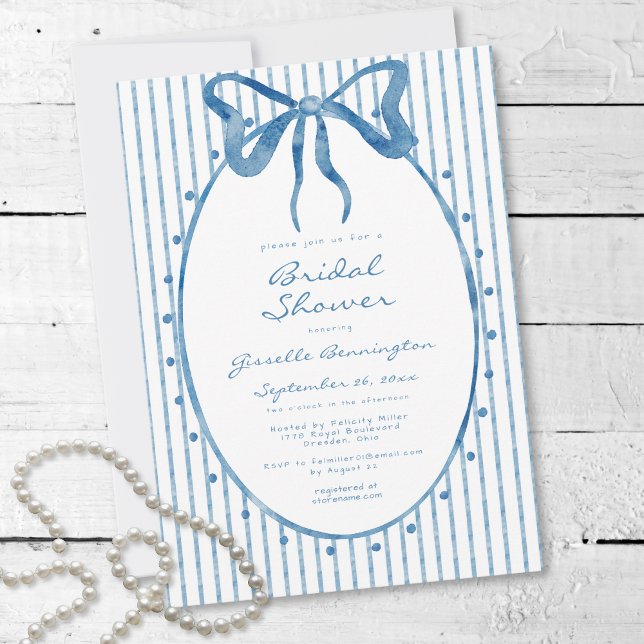 Convite Chuva de Noiva Azul Caprichosa com Listra de Arco  (Whimsical Blue Watercolor Bow Stripe Bridal Shower Invitation)