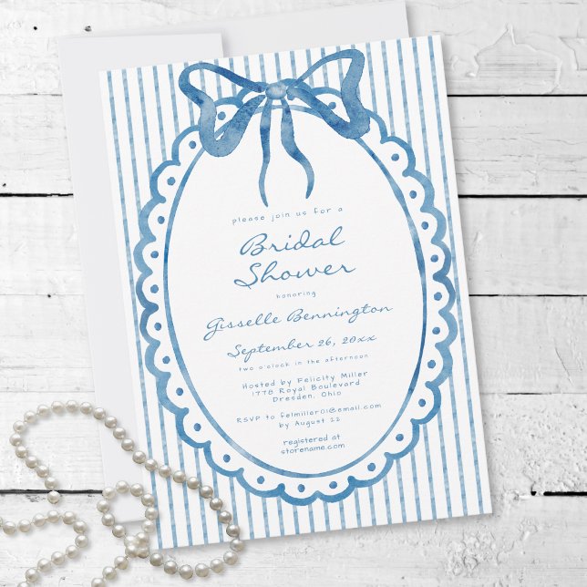 Convite Chuva de Noiva Azul Caprichosa com Listra de Arco  (Whimsical Blue Watercolor Bow Stripe Bridal Shower Invitation)