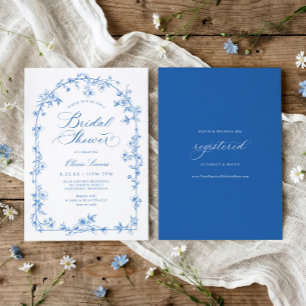 Convite Chuva de Noiva Azul e Branco Floral Toile Francês