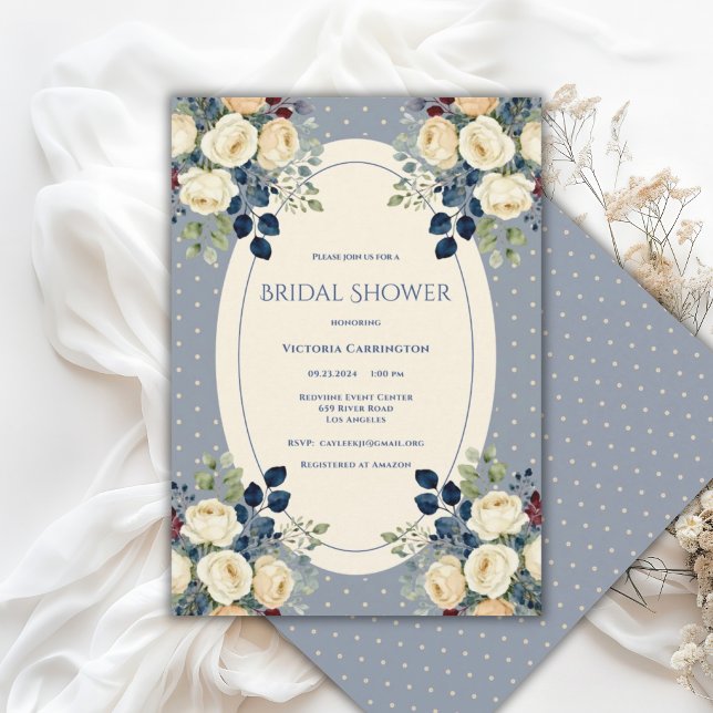 Convite Chuva de Noiva Azul e Creme com Bolinhas Florais E (Criador carregado)